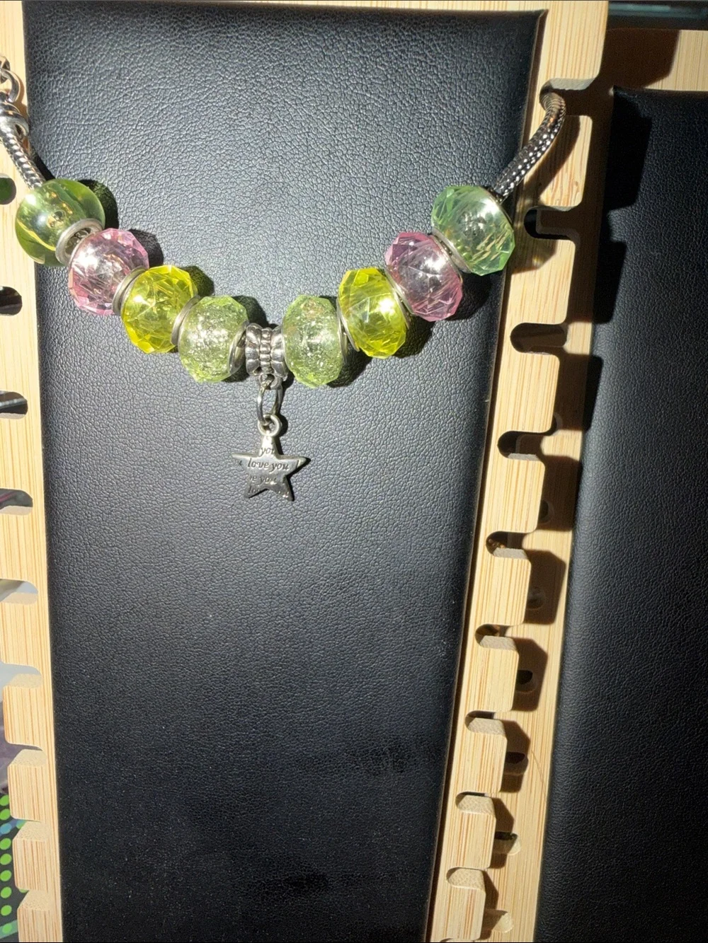 Glass Bead Charm Bracelet - Pastel Green & Pink